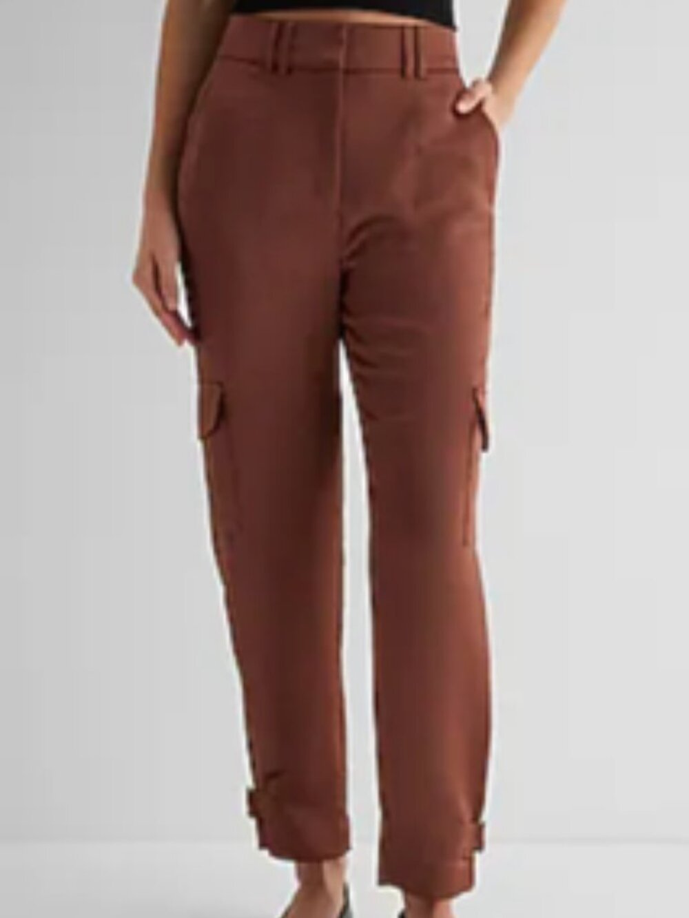 Express Brown Satin Super High Rise Adjustable Buckle Strap Hem Cargo Pant